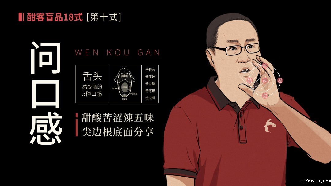 问口感  舌尖甜，舌两侧酸，舌根苦，舌底涩，舌面辣，口感丰富者，为好酒。